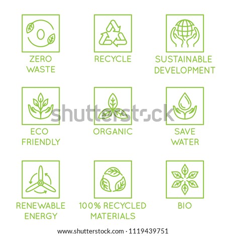 Vector set of design elements, logo design template, icons and badges for natural and organic ecological products  in trendy linear style - zero waste, recycle, sustainable, development, eco friendly,