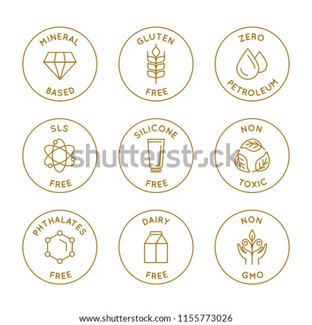 Vector set of linear circle design elements, logo templates, icons and badges for natural organic cosmetics with safe eco ingredients - gluten, sls, gmo, silicone, petroleum, dairy free, non toxic