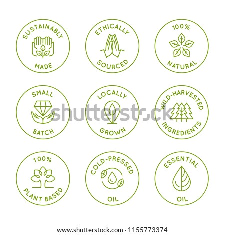 Vector set of linear circle design elements, logo templates, icons and badges for natural organic cosmetics with safe wild-harvested plant-based eco ingredients - sustainably made, ethically sourced