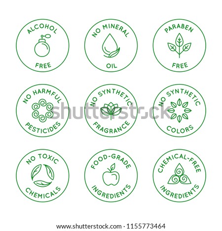 Vector set of linear circle design elements, logo templates, icons and badges for natural organic cosmetics with safe eco ingredients - no alcohol, synthetic fragrance and colors, pesticides