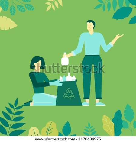 Vector illustration in flat linear style -  recycle concept - characters holding boxes and bins and collecting trash for recycling -think green infographics design elements