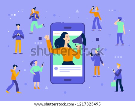 Vector illustration in flat simple style with characters - influencer marketing concept - blogger promotion services and goods for her followers online 