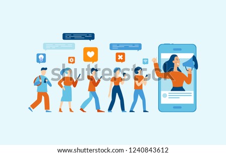 Vector illustration in flat simple style with characters - influencer marketing concept - blogger promotion services and goods for his followers online 