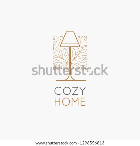 Vector logo design template in simple linear style - home decor store emblem, scandinavian and minimal interior decoration, accessories and objects - lamp with leaves