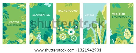 Vector set of abstract backgrounds with copy space for text - bright vibrant banners, posters, cover design templates, social media stories wallpapers with spring leaves and flowers