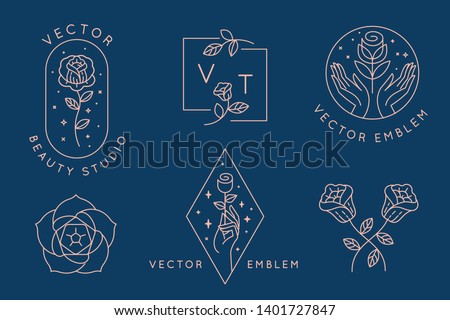 Vector abstract logo design templates in trendy linear minimal style - hands with rose - symbols for cosmetics, jewellery, beauty and handmade products, tattoo studios  商業照片 © 