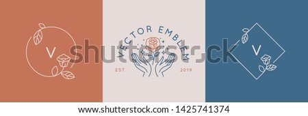Vector abstract logo design templates in trendy linear minimal style - hands with rose - symbols for cosmetics, jewellery, beauty and handmade products, tattoo studios 