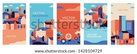 Vector set of social media stories design templates, backgrounds with copy space for text - urban landscapes with buildings and trees - summer backgrounds for banners, greeting cards, posters and adve