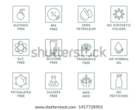 Vector set of design elements, logo design templates, icons and badges for natural and organic cosmetics packaging in trendy linear style - no bpa, alcohol, silicone, sls, sulfate ingredients