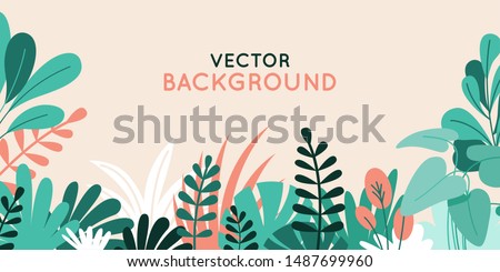 Vector illustration in simple flat style with copy space for text - background with plants and leaves - backdrop for greeting cards, posters, banners and placards Imagine de stoc © 