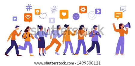 Vector illustration in flat simple style with characters - influencer marketing concept and referral loyalty program - blogger promotion services and goods for her followers online 