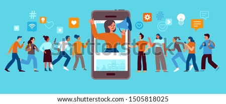 Vector illustration in flat simple style with characters - influencer marketing concept and referral loyalty program - blogger promotion services and goods for her followers online 