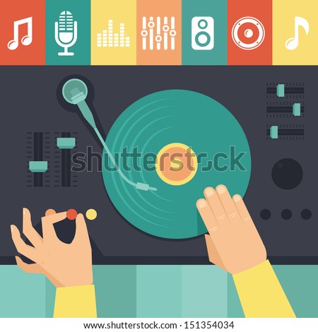 Vector turntable and dj hands - music concept in flat retro style