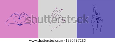 Vector set of abstract logo design templates in simple linear style - hands in different gestures - heart made with fingers, ok gesture, crossed fingers