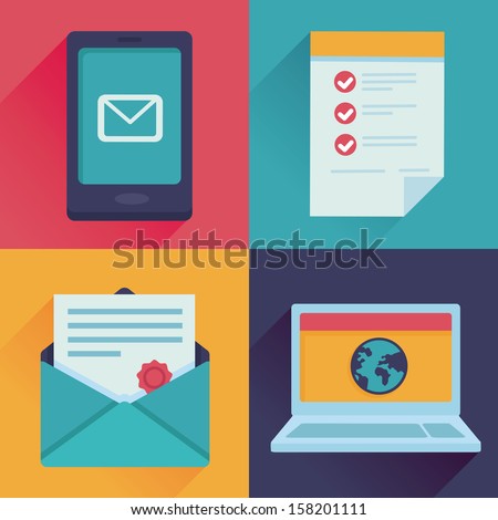 Vector communication icons in flat retro style - mail, message, contract, website addres