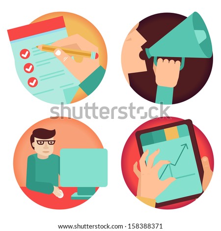 Vector set of business concepts - advertising, agreement, development - in flat retro style