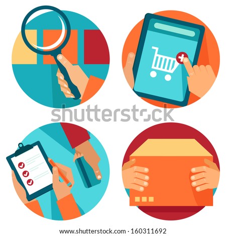Vector internet shopping icons in flat style - search, order, pay, deliver