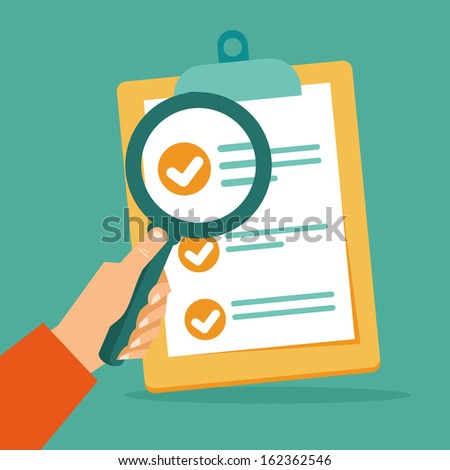 Vector business contract and magnifier - analyzing document - concept in flat style