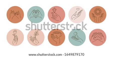 Vector set of icons and emblems for social media story highlight covers - design templates for lifestyle, travel and beauty bloggers and photographers, designers, creative entrepreneurs - hands 