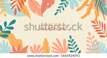 Vector illustration in simple flat style with copy space for text - background with plants and leaves - backdrop for greeting cards, posters, banners and placards Imagine de stoc © 