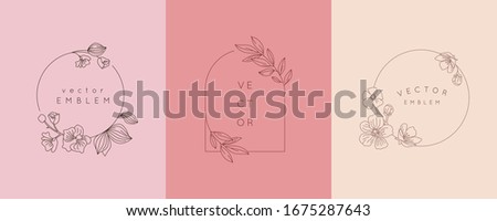 Vector logo design template and monogram concept in trendy linear style - floral frame with copy space for text or letter - emblem for fashion, beauty and jewellery industry