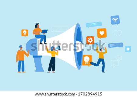 Vector illustration in flat simple style with characters - influencer marketing concept and referral loyalty program - blogger promotion services and goods for her followers online 