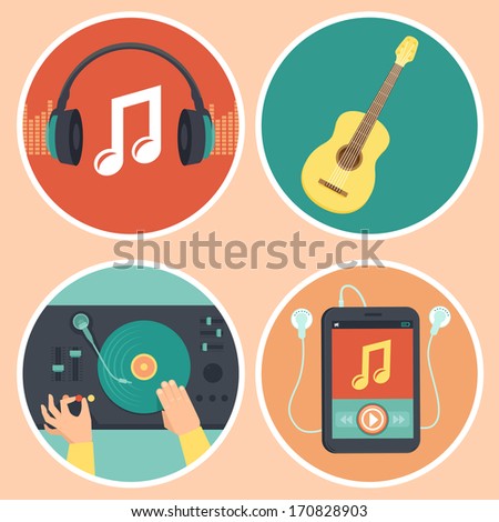 Vector music icons and signs in flat style - headphones, guitar, turntable and mp3 player