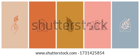 Vector set of abstract logo design templates in simple linear style - cozy home emblems, houses and plants  stay at home - symbols for social media stories highlights and posts for interior stores and