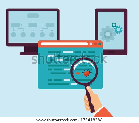 Vector concept in flat retro style - bug and virus in the programming code