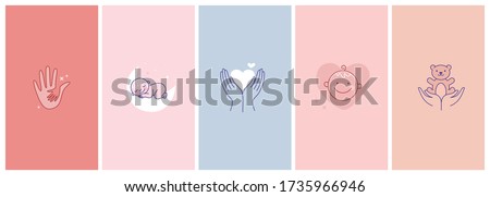Vector set of abstract logo design templates in simple linear style - motherhood emblems, hands and heart, baby sleeping and smiling - symbols for social media stories highlights and posts
