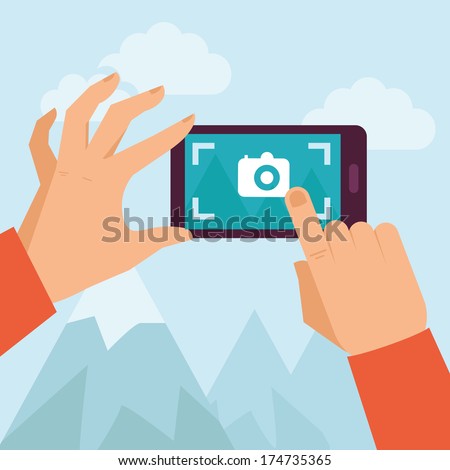 Vector mobile phone with touchscreen - man taking photograph with digital device - flat icon