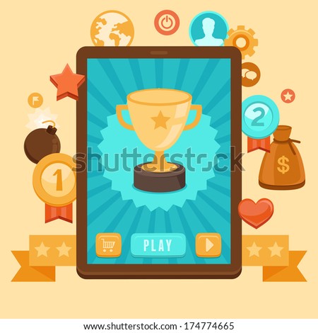 Vector gamification concept - digital device with touchscreen and game interface on it with award and achievement icons on background