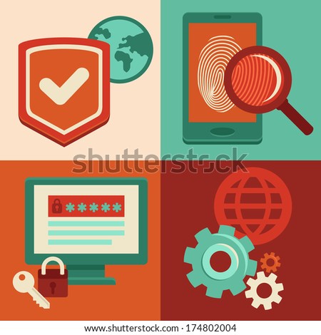 Vector internet security concepts and icons in flat style - identification and protection with password, fingerprint and antivirus