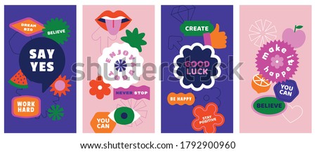 Vector set of design elements, patches and stickers with inspirational phrases - abstract elements for branding, packaging, prints and social media posts