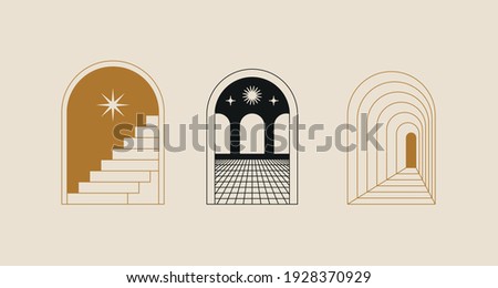 Vector logo design template in simple minimal style, magical and mystical symbols, tattoo signs - entrances, doors and windows with steps and staircases