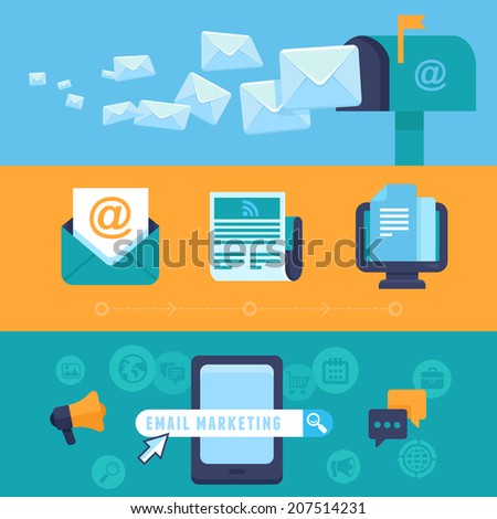 Vector email marketing concepts - flat trendy icons - newsletter and subscription - bright illustrations for horizontal banners or headers