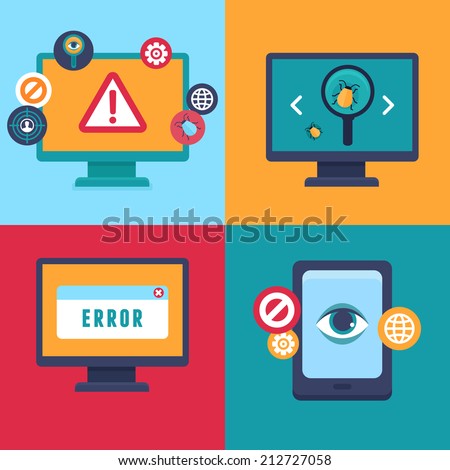 Vector flat icons and illustrations - internet security and virus warning - computer attack and virus infection