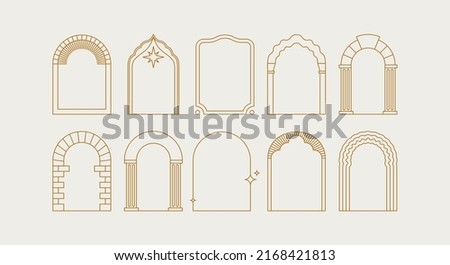 Vector set of design elements and illustrations in simple linear style - boho arch logo design elements and frames for social media stories and posts