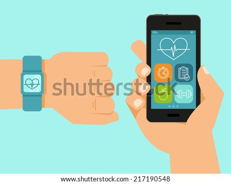 Vector fitness app on the screen of mobile phone and tracker on the wrist - illustration in flat style