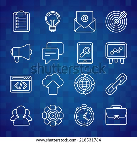 Flat vector icon set of SEO symbols, internet marketing design elements and online business signs in outline style