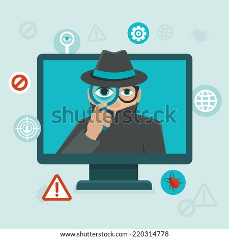 Vector flat icons and illustrations - internet security and spyware warning - computer attack and virus infection
