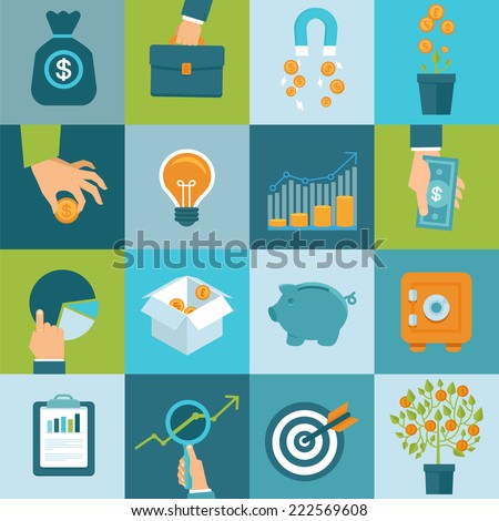 Vector set of finance and business concepts in flat style – investing and attracting capital to business
