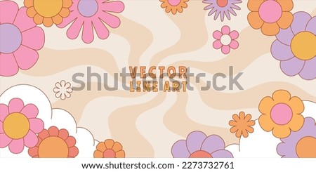 Vector horizontal banner with copy space for text - design elements and shapes for abstract backgrounds and modern art - hippie groovy vibes with flowers and waves