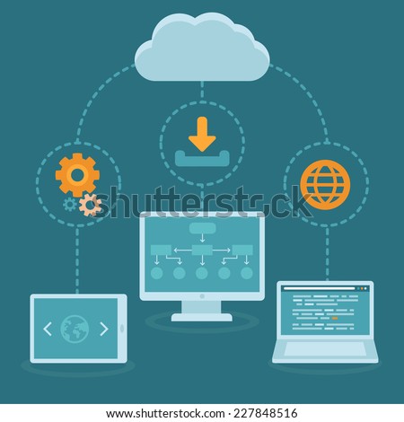 Vector SaaS concept in flat style - software as a service business model - cloud computing 