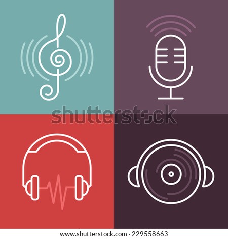 Vector musical logos and icons in outline style - set of design elements - music and audio concepts