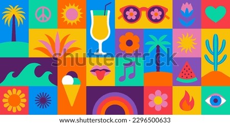 Vector simple flat illustrations and icons, geometric summer pattern and banner, vacation and tropical travel, flowers and plants simple shapes, festival and sale posters