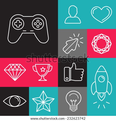 Vector set of line game icons and design elements for apps and programs - joystick and achievement signs