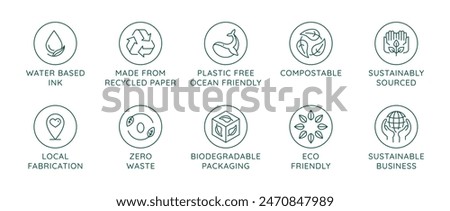 Vector simple line icons and illustration, eco, bio and organic packaging badges, ecological, environment friendly and sustainable development, eco and ocean friendly, plastic free,  compostable