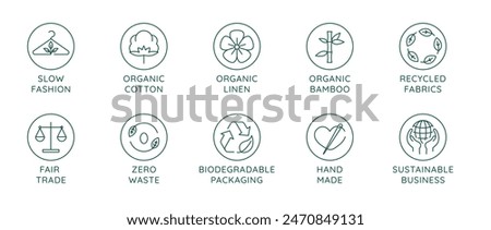 Vector set of linear icons and badges related to slow fashion - ethical fabric, sustainable materials, fair trade - eco-friendly manufacturing and organic certified producing of garment and apparel 