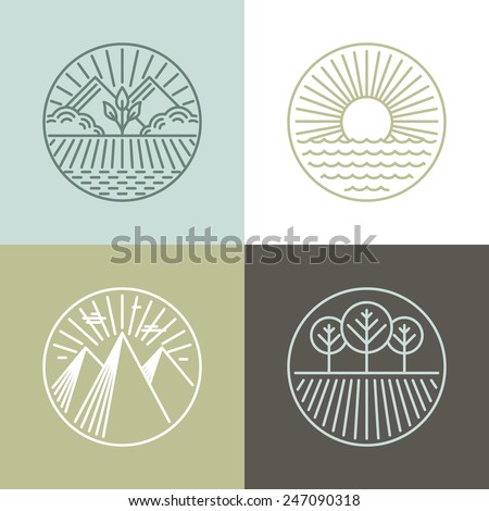 Vector line badges with landscapes and nature icons - round labels